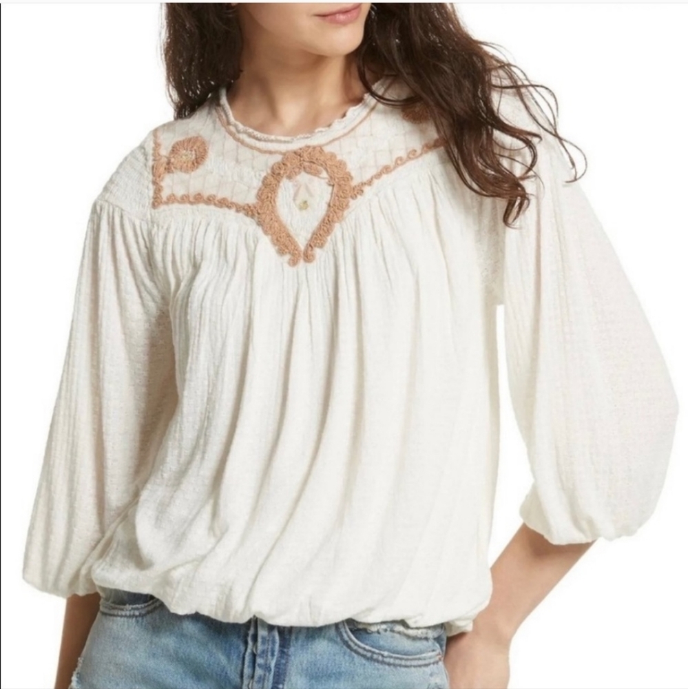 Free People Begonia Embroidered Sand White Top